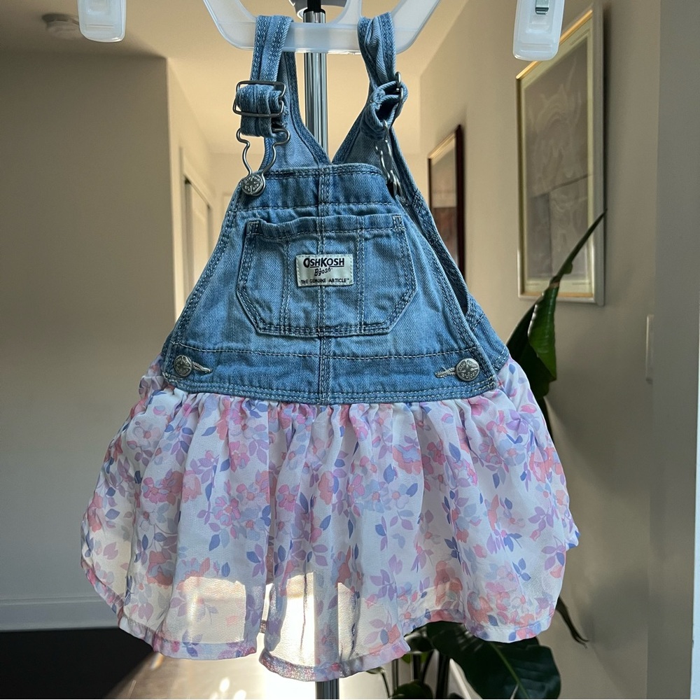 OshKosh B’gosh Dress Denim Jumper Baby Size 9 Months Tulle Floral